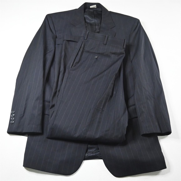 Jos A Bank 44L 36x32 Navy Blue Chalk Stripe 100% Wool Mens Jacket Pants Suit